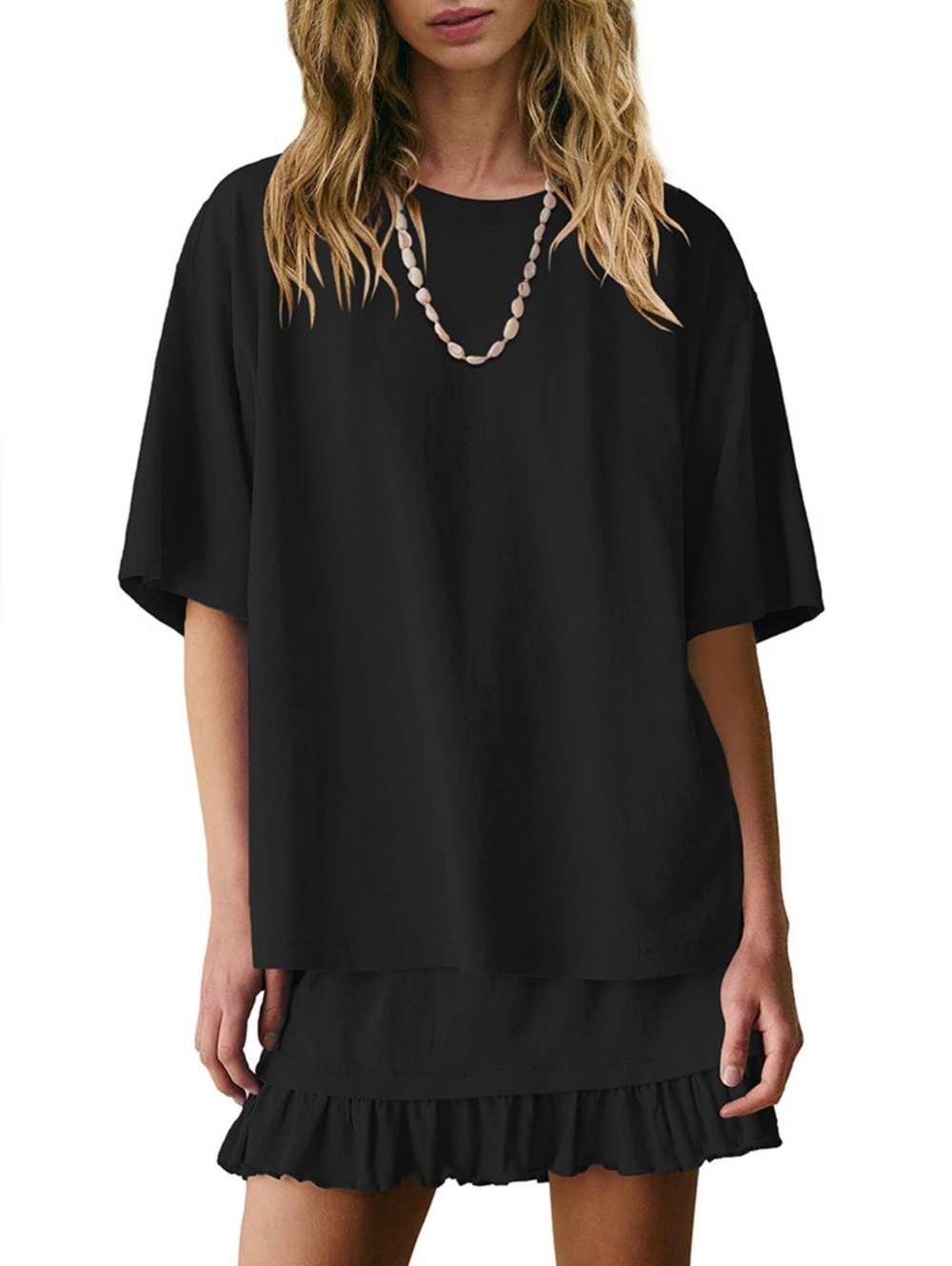 Casual Black Ruffle Hem Skirt And Two-Piece Top Set - Picture 3 of 6